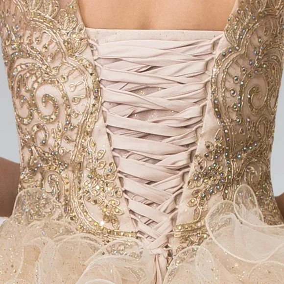 NEW LONG SLEEVELESS MESH BALL GOWN EMBROIDERED WITH RHINESTONES & LACE GL2208